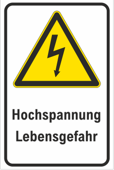 Kombi-Warnschild Hochformat mit Symbol nach DIN7010 und Text Hochspannung Lebensgefahr